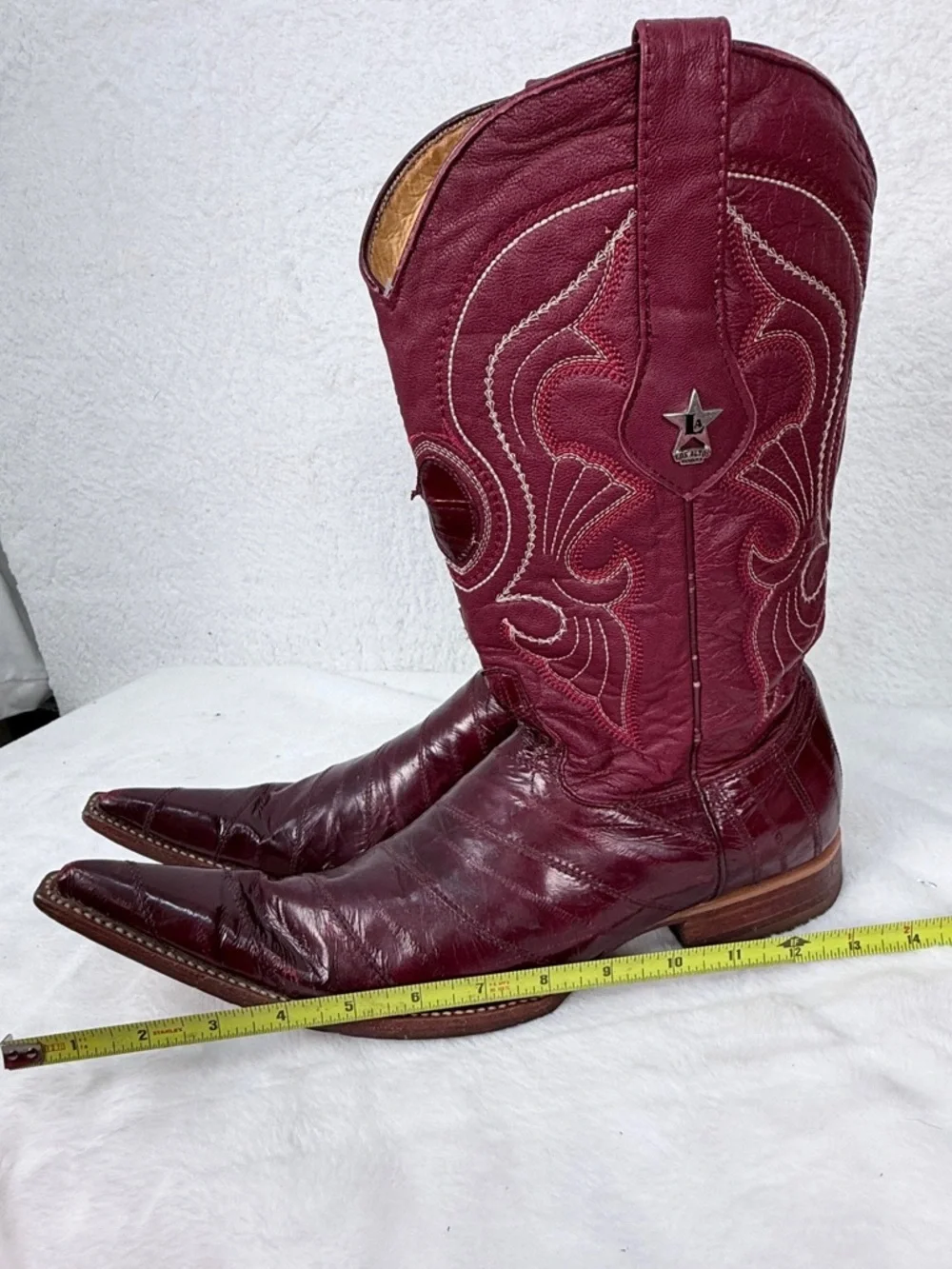 Los Altos Boots Mens 9 Genuine Eel Skin Burgundy Western Snip Toe Exotic Cowboy